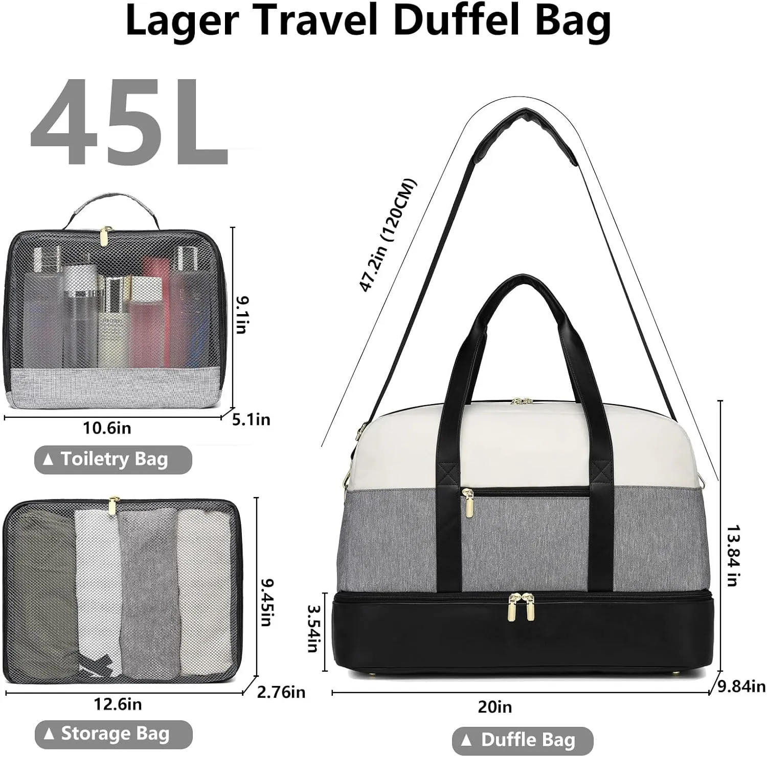 Weekender Travel Women Duffle Bags: Large Weekend Duffel Bags for Womens Carry On Bag with Shoe Compartment Overnight Tote Bags for Personal Items Hospital Gym with 2 Packing Cubes White-Grey-Black