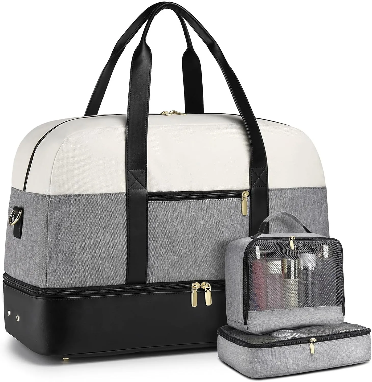 Weekender Travel Women Duffle Bags: Large Weekend Duffel Bags for Womens Carry On Bag with Shoe Compartment Overnight Tote Bags for Personal Items Hospital Gym with 2 Packing Cubes White-Grey-Black
