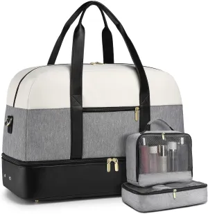 Weekender Travel Women Duffle Bags: Large Weekend Duffel Bags for Womens Carry On Bag with Shoe Compartment Overnight Tote Bags for Personal Items Hospital Gym with 2 Packing Cubes White-Grey-Black