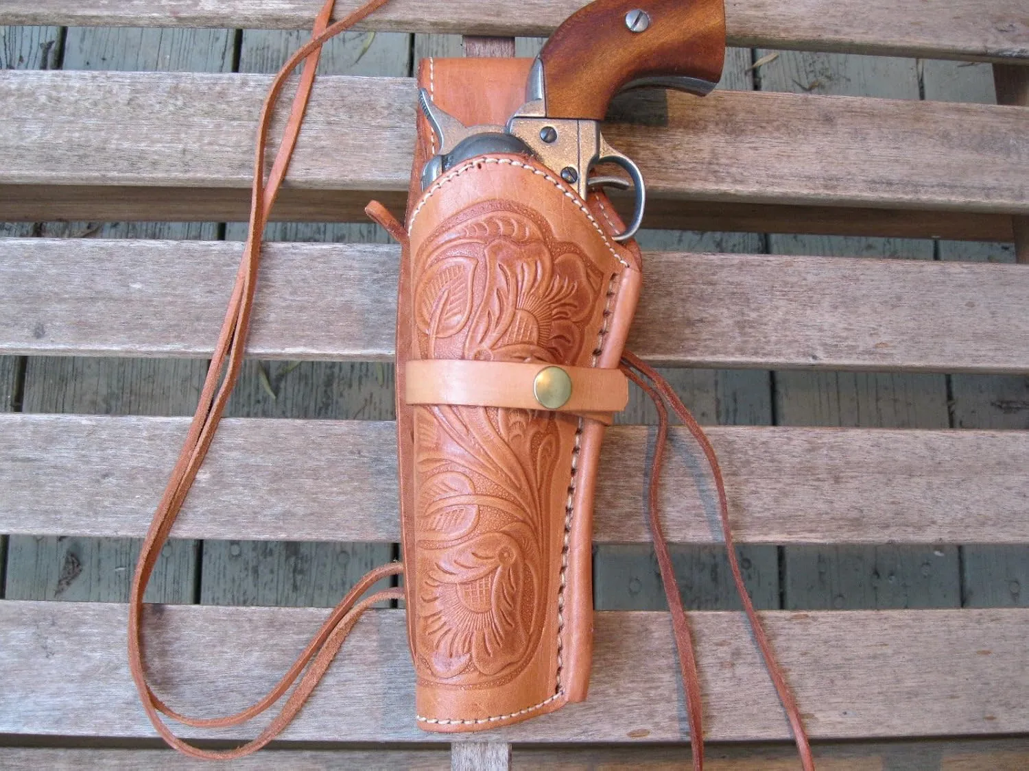 Western Quick Draw Gun Holster - 45 Caliber - Natural - Left Hand - Single Action - Size 6" - Tooled Leather