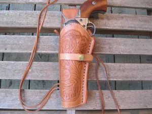 Western Quick Draw Gun Holster - 45 Caliber - Natural - Left Hand - Single Action - Size 6" - Tooled Leather