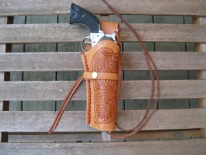 Western Quick Draw Gun Holster - 45 Caliber - Natural - Right Hand - Single Action - Size 6" - Tooled Leather