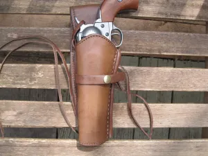Western Quick Draw Gun Holster - Smooth Leather - 45 Cal - Brown - Left Hand - Single Action - Size 6"