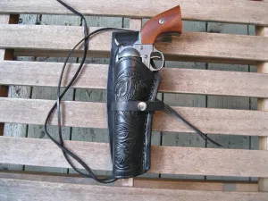 Western Quick Draw Gun Holster - Tooled Leather - 38 Cal - Black - Left Hand - Single Action - Size 6"