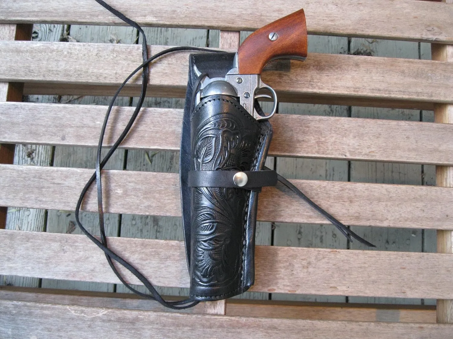 Western Quick Draw Gun Holster - Tooled Leather - 38 Cal - Black - Left Hand - Single Action - Size 6"