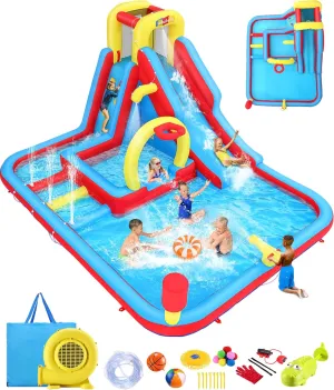 Whubefy Big Inflatable Water Slide for Kids Backyar 13.2x10FT Waterslide Bounce House Obstacle Course, 3 Pool Fountain, Splash Pool, Deep Pool Sprinkler, Blow Up Water Slides Park for Kids Party Gift