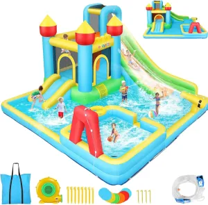 WHUBEFY Bounce House,Inflatable Water Slide Bounce Castle with Blower for Kids 3-12,Outdoor/Indoor Bouncy House Water Park for Backyard with 2 Splash Slides,Climbing Wall,Ball Pit,Jumping Area