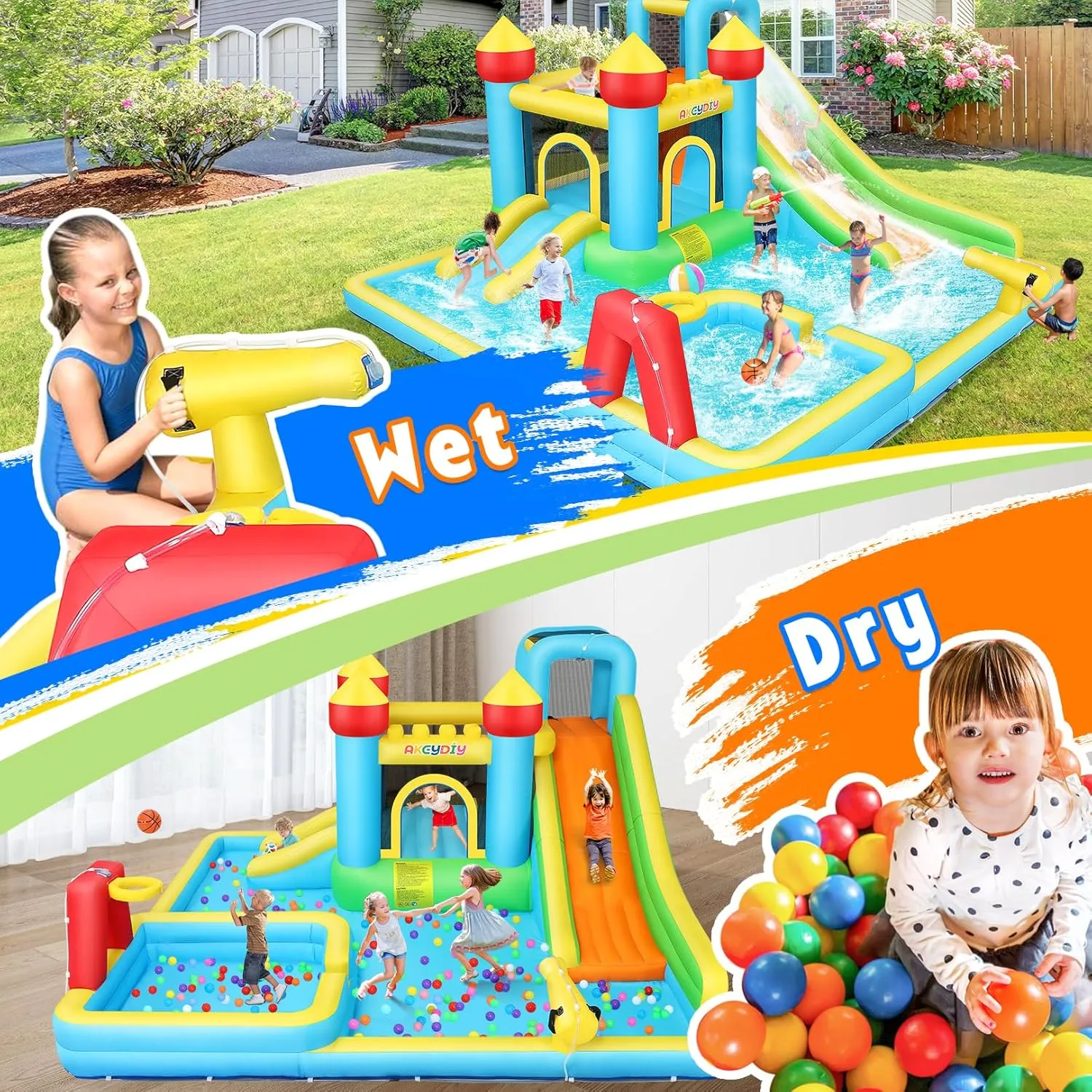 WHUBEFY Bounce House,Inflatable Water Slide Bounce Castle with Blower for Kids 3-12,Outdoor/Indoor Bouncy House Water Park for Backyard with 2 Splash Slides,Climbing Wall,Ball Pit,Jumping Area