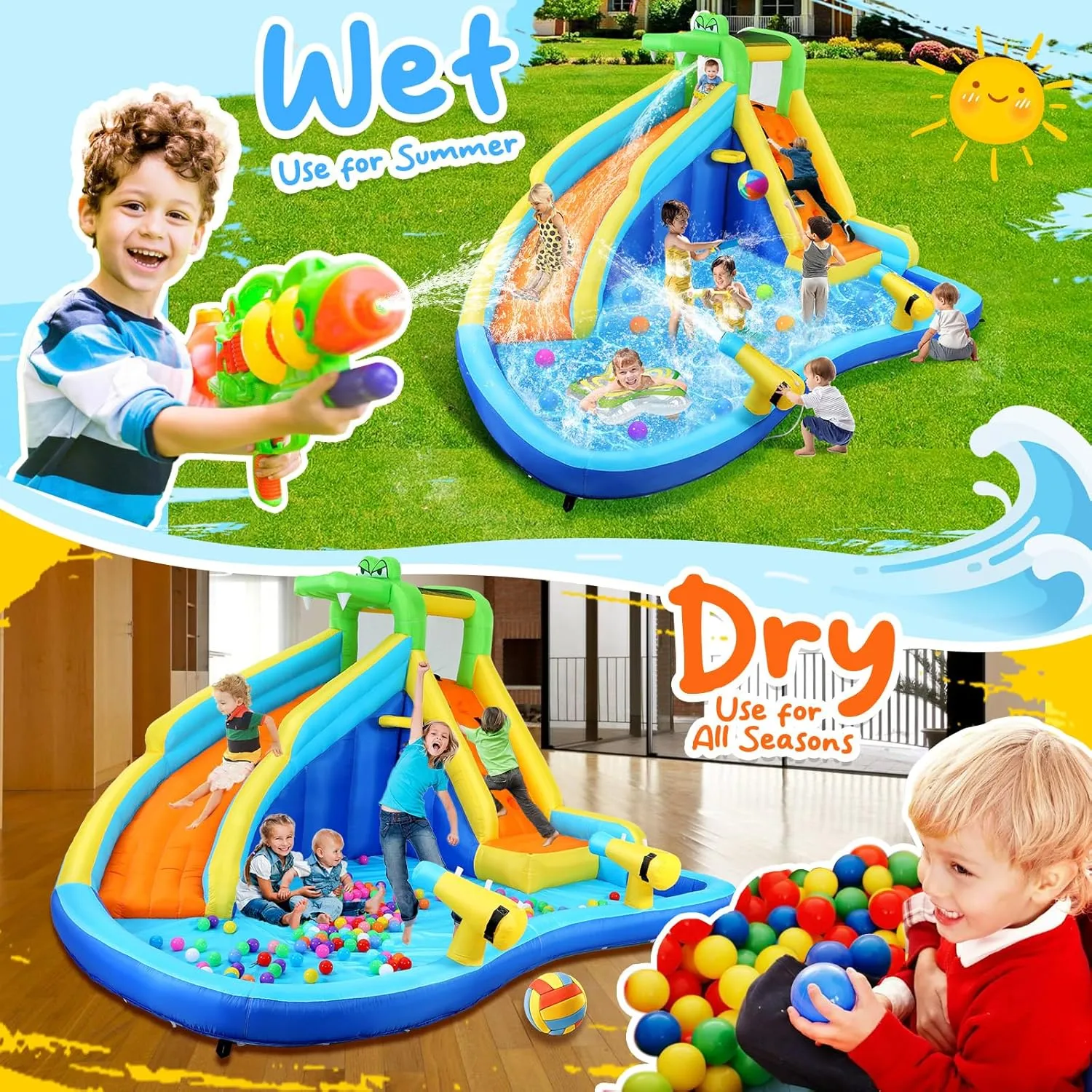 Whubefy Inflatable Water Slide, 8 in 1 Blow Up Crocodile Spray Slide 13.2 x10 Ft Water Bounce House with 2 Water Cannon, Climbing Wall, Basketball Hoop, Inflatable Water Park for Kids Outdoor