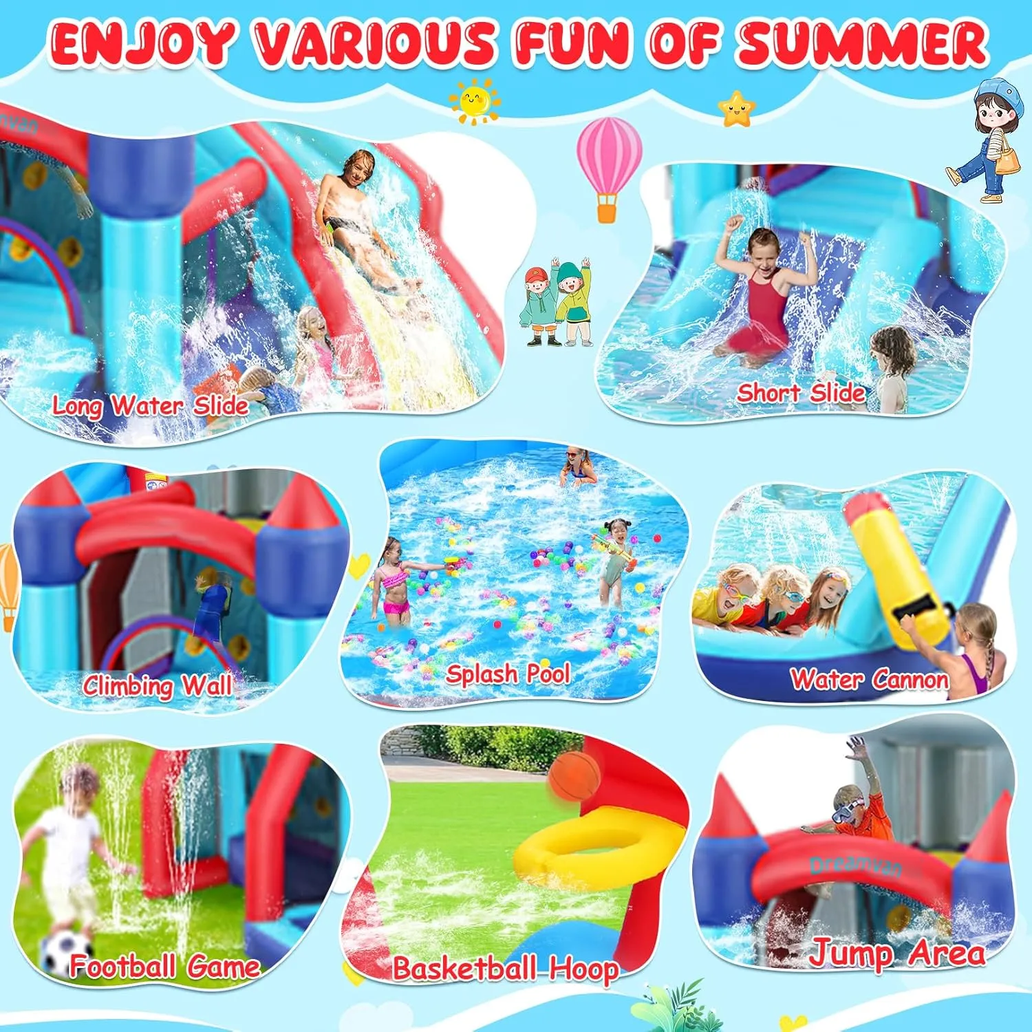 Whubefy Inflatable Water Slide for Kids 8-12, 13x12FT 10-in-1 Large Water Slide Bounce House for Big Kids w/Pool/Climing Wall/Jumping Area, Summer Inflatable Bounce House Water Park for Backyard