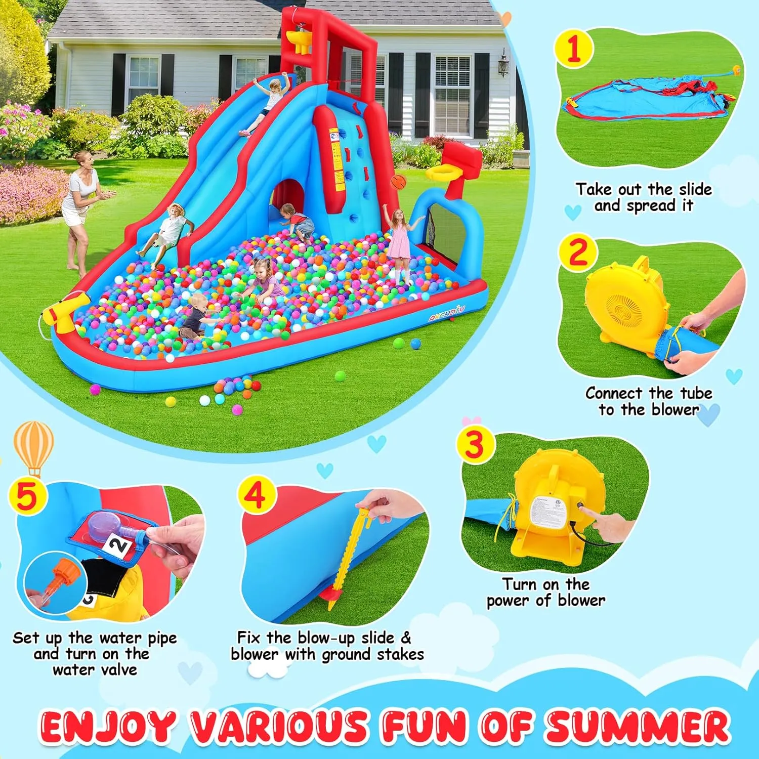 Whubefy Inflatable Waterslides for Kids 3-10, 14x11x8.8Ft Water Bounce House with Long Slide, Baketball Hoop, Tunnel, Water Park Blow Up Water Slides for Backyard, Inflatable Water Slide, Summer Fun