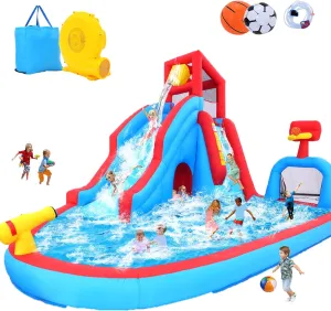Whubefy Inflatable Waterslides for Kids 3-10, 14x11x8.8Ft Water Bounce House with Long Slide, Baketball Hoop, Tunnel, Water Park Blow Up Water Slides for Backyard, Inflatable Water Slide, Summer Fun
