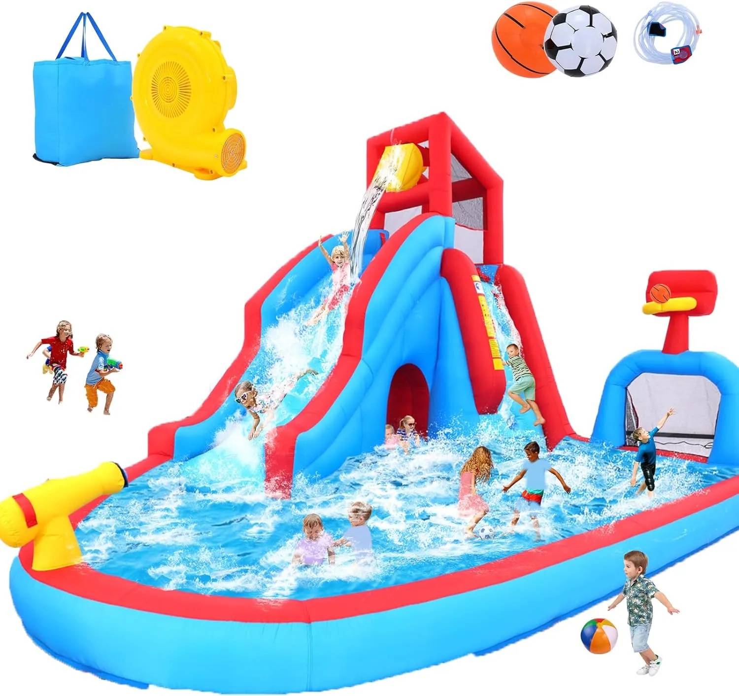 Whubefy Inflatable Waterslides for Kids 3-10, 14x11x8.8Ft Water Bounce House with Long Slide, Baketball Hoop, Tunnel, Water Park Blow Up Water Slides for Backyard, Inflatable Water Slide, Summer Fun