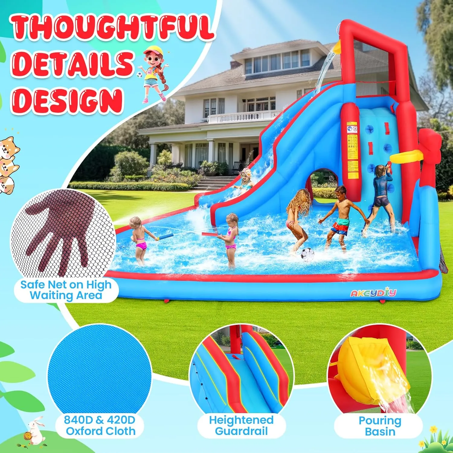 Whubefy Inflatable Waterslides for Kids 3-10, 14x11x8.8Ft Water Bounce House with Long Slide, Baketball Hoop, Tunnel, Water Park Blow Up Water Slides for Backyard, Inflatable Water Slide, Summer Fun