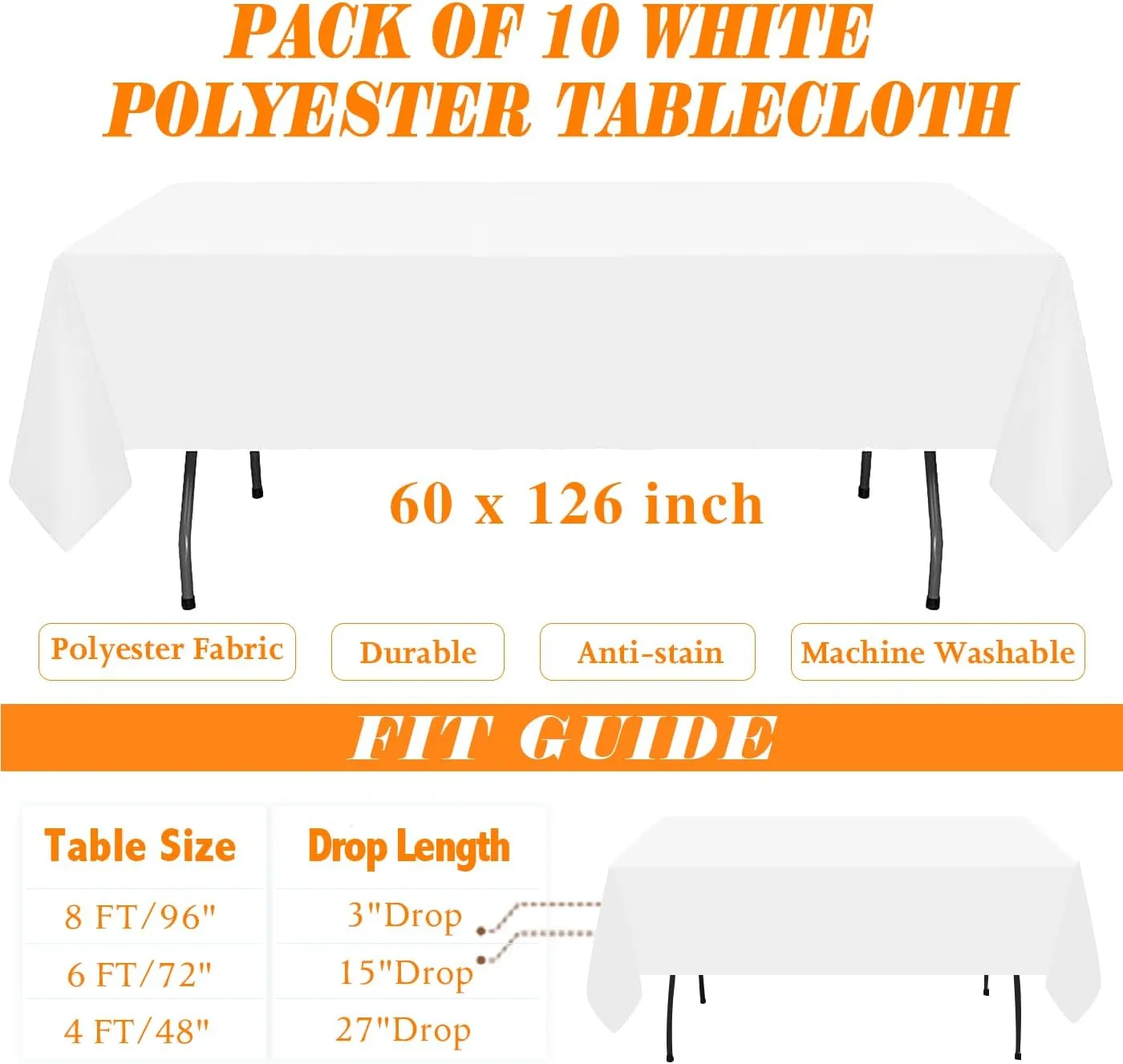 WIGENIUS 10 Pack White Table Cloth Rectangle Tablecloths 60X102 Inch,Polyester Table Cloth for 6 Foot Rectangle Tables,Wrinkle Resistant Washable Fabric Table Covers for Party,Wedding Banquet
