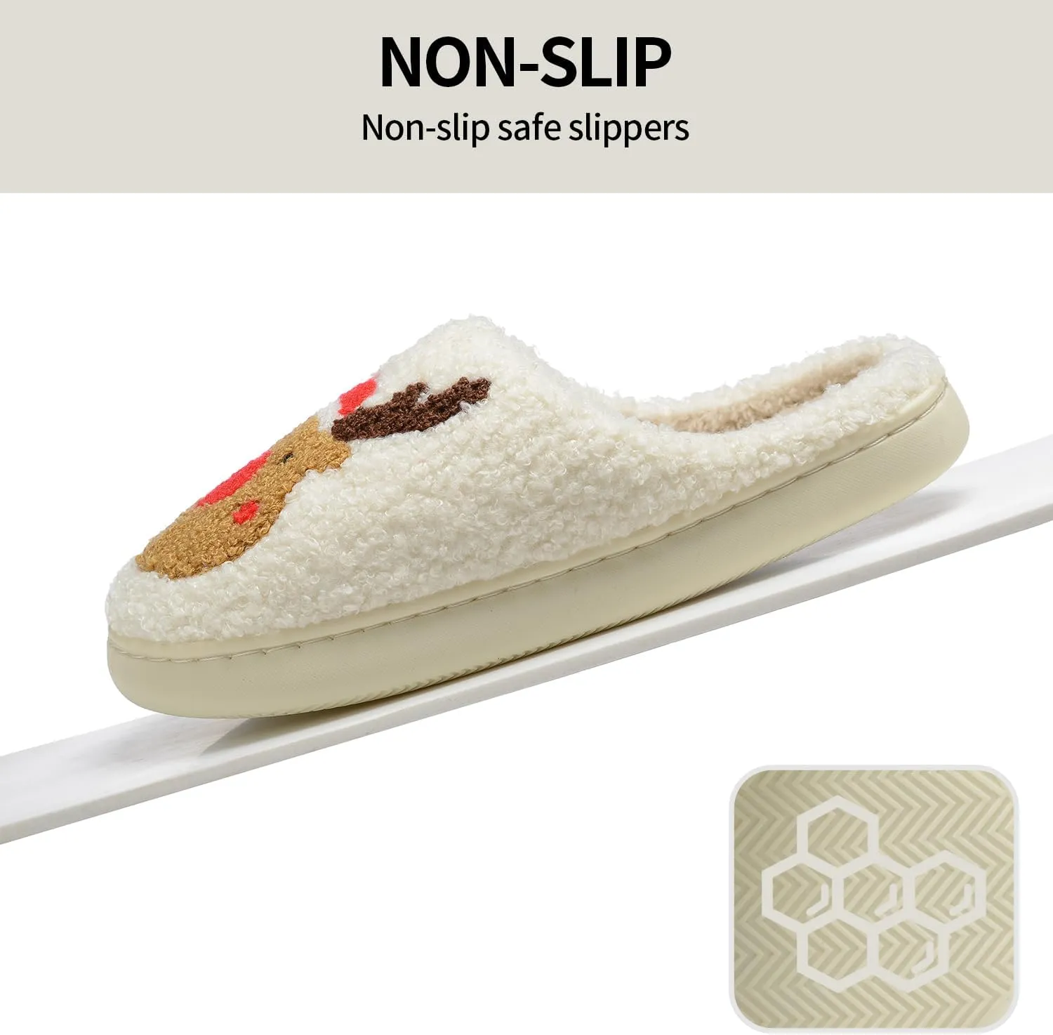 Women Christmas Reindeer Holiday Slippers：Moose Cute Cartoon Elk Fuzzy Warm House Men Xmas Winter Soft Cozy Slippers