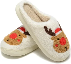 Women Christmas Reindeer Holiday Slippers：Moose Cute Cartoon Elk Fuzzy Warm House Men Xmas Winter Soft Cozy Slippers
