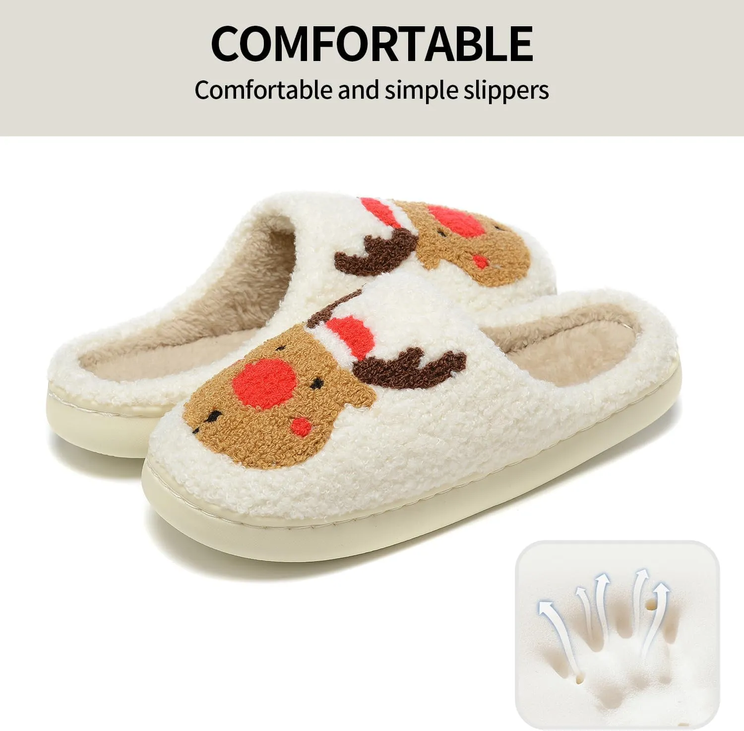 Women Christmas Reindeer Holiday Slippers：Moose Cute Cartoon Elk Fuzzy Warm House Men Xmas Winter Soft Cozy Slippers