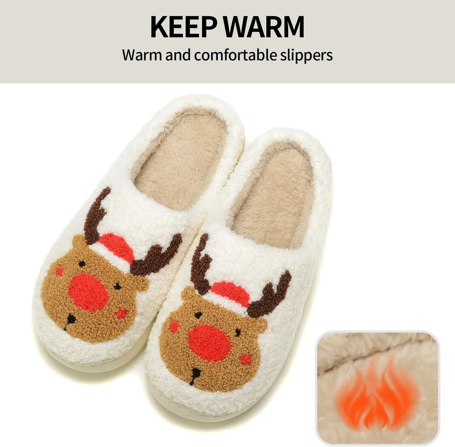 Women Christmas Reindeer Holiday Slippers：Moose Cute Cartoon Elk Fuzzy Warm House Men Xmas Winter Soft Cozy Slippers