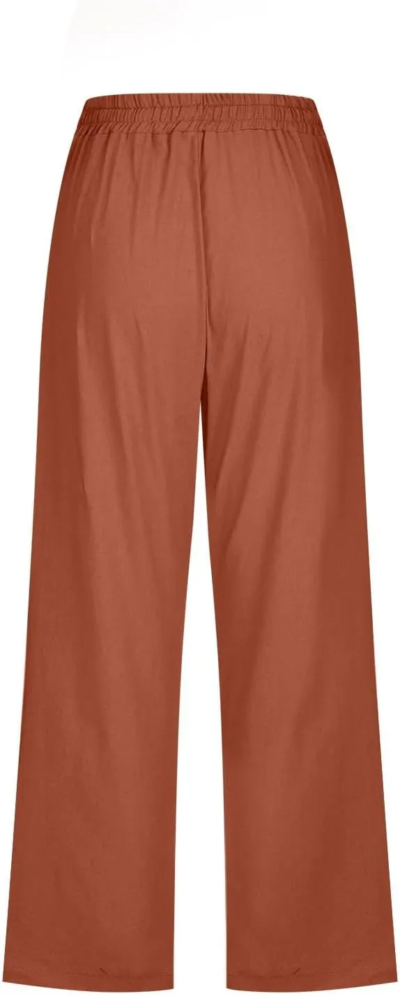Women Wide Leg Linen Pants Summer High Waisted Palazzo Pants Drawstring Loose Fit Flowy Trousers with Pockets