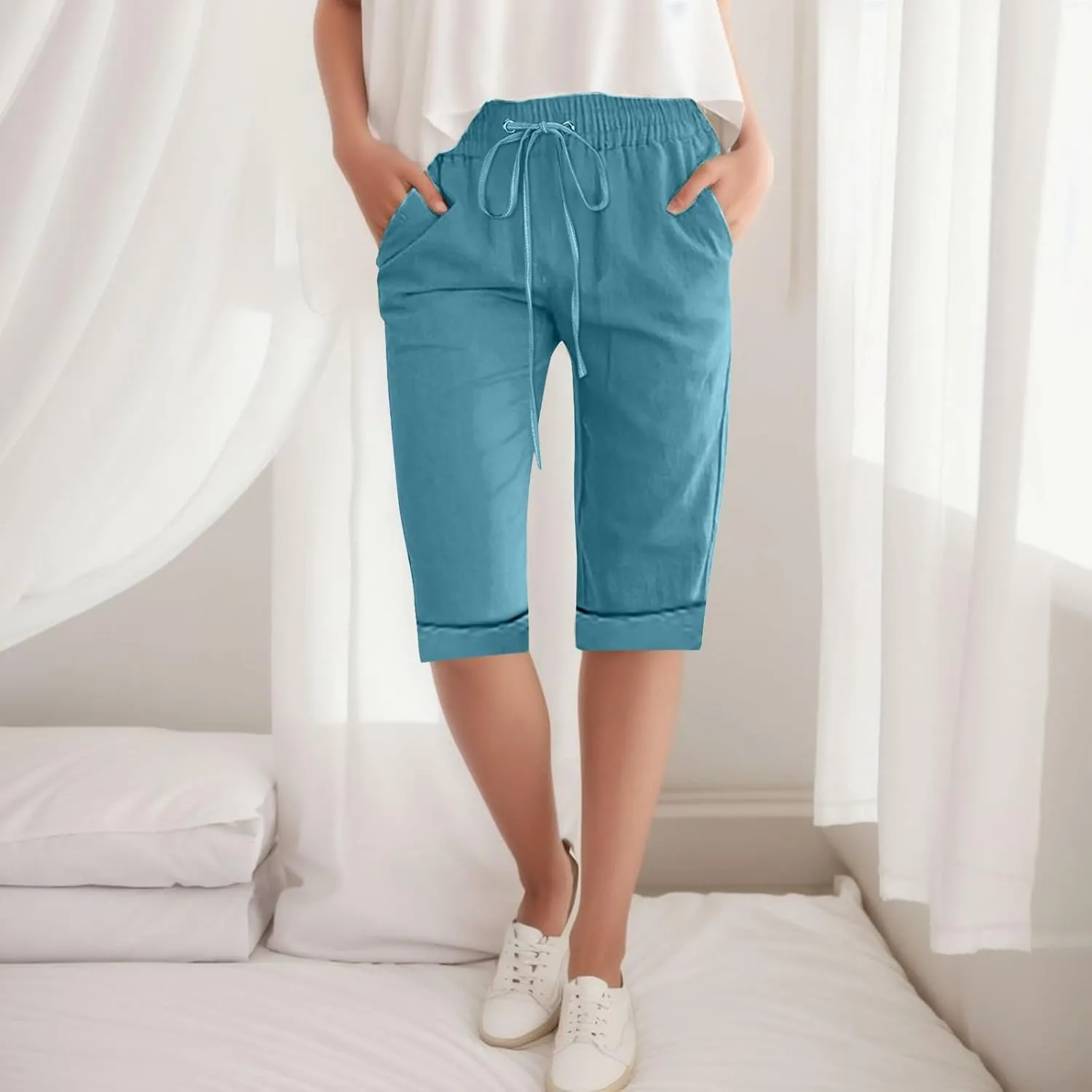 Women Wide Leg Linen Pants Summer High Waisted Palazzo Pants Drawstring Loose Fit Flowy Trousers with Pockets