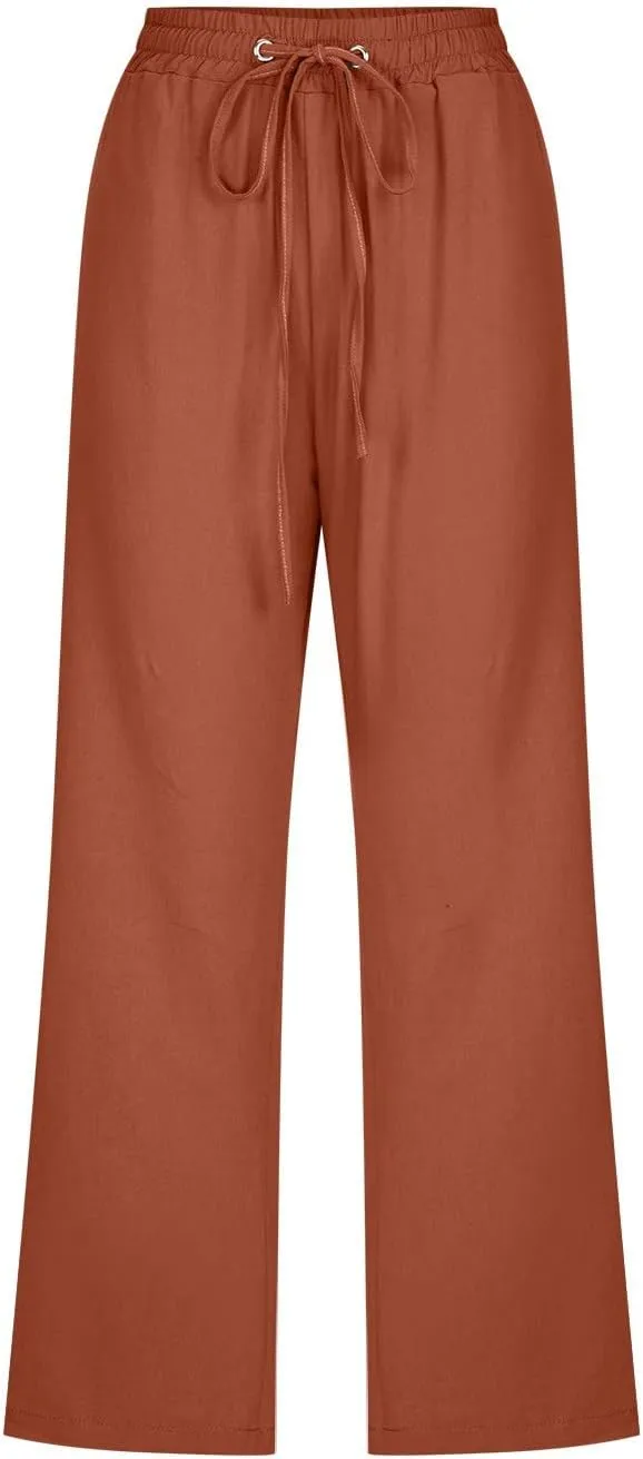Women Wide Leg Linen Pants Summer High Waisted Palazzo Pants Drawstring Loose Fit Flowy Trousers with Pockets