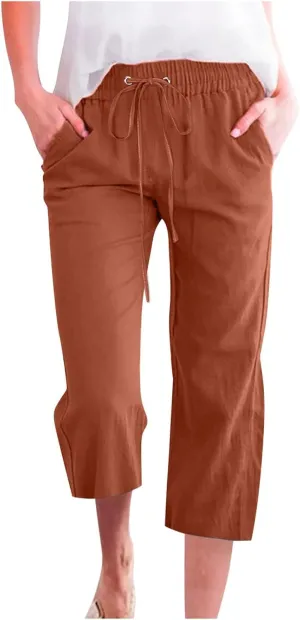 Women Wide Leg Linen Pants Summer High Waisted Palazzo Pants Drawstring Loose Fit Flowy Trousers with Pockets