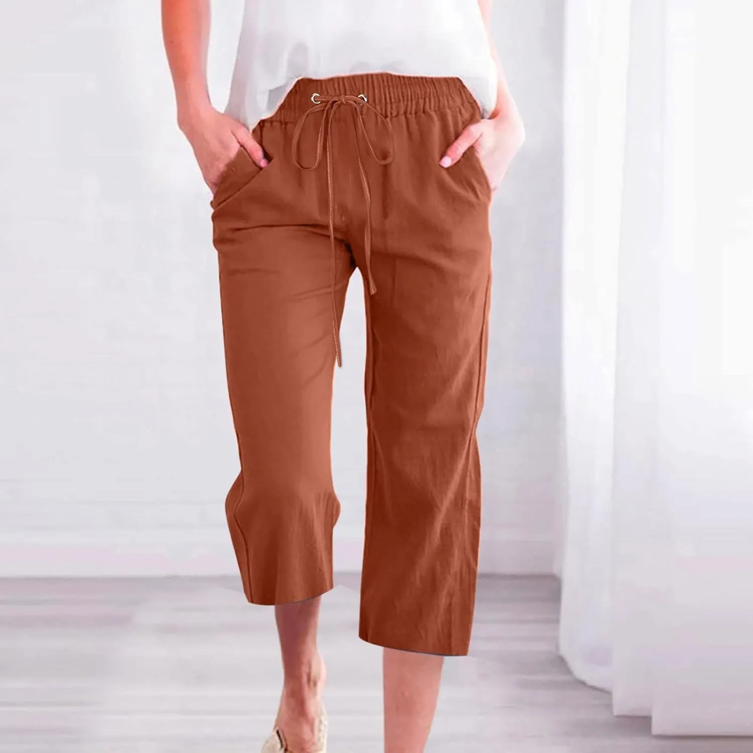 Women Wide Leg Linen Pants Summer High Waisted Palazzo Pants Drawstring Loose Fit Flowy Trousers with Pockets