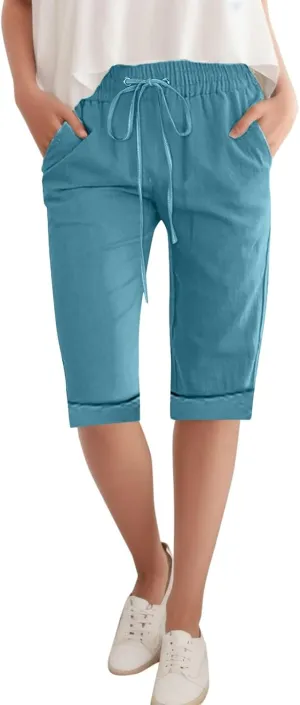Women Wide Leg Linen Pants Summer High Waisted Palazzo Pants Drawstring Loose Fit Flowy Trousers with Pockets