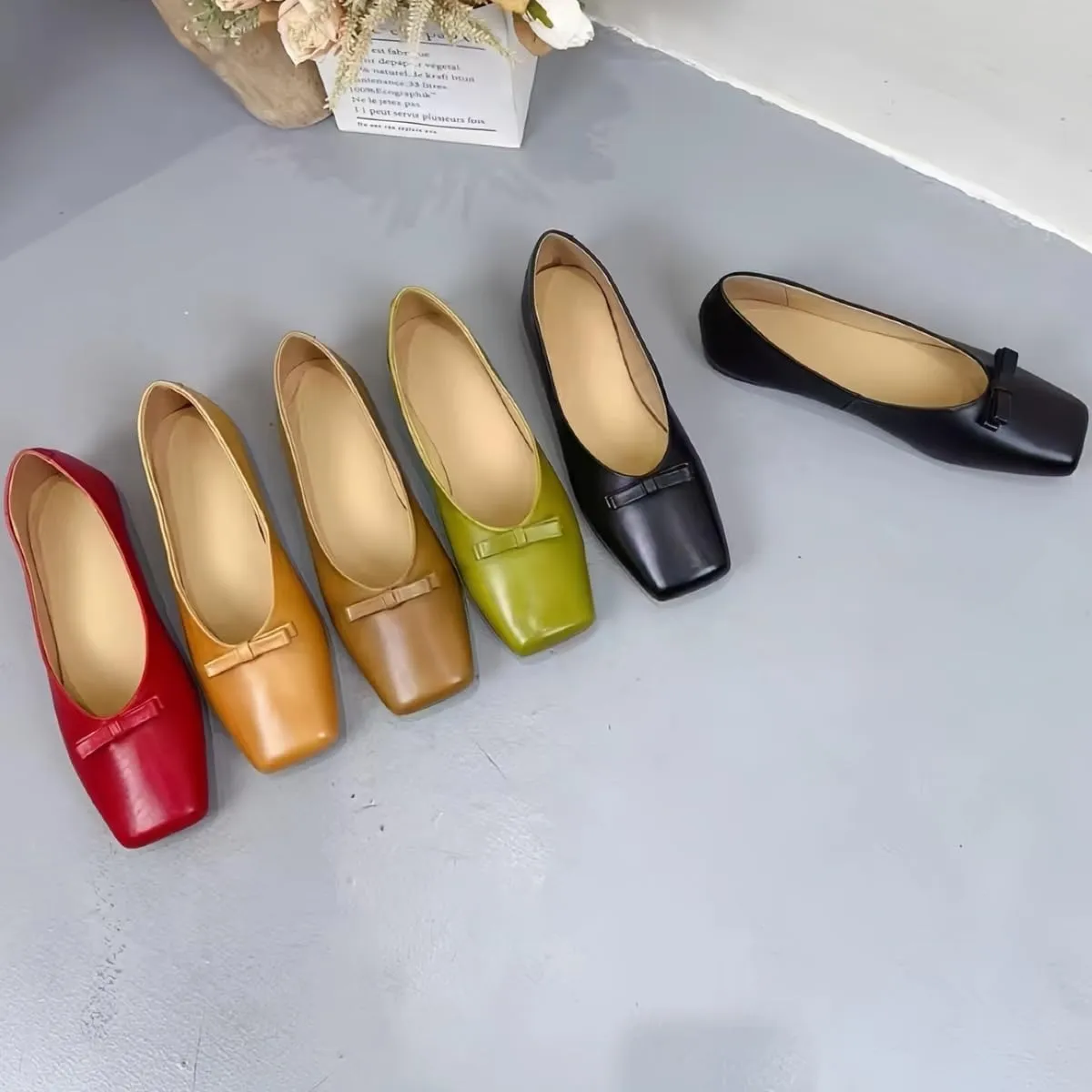 Women's Ballet Flats with Bow Genuine Leather Square Toe Slip-on Loafer Shoes for Women Wedding, Office Work or Daily Casual Comfort Subtle Sexiness
