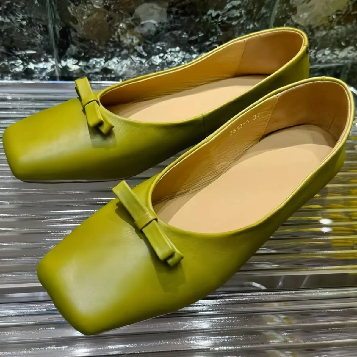 Women's Ballet Flats with Bow Genuine Leather Square Toe Slip-on Loafer Shoes for Women Wedding, Office Work or Daily Casual Comfort Subtle Sexiness