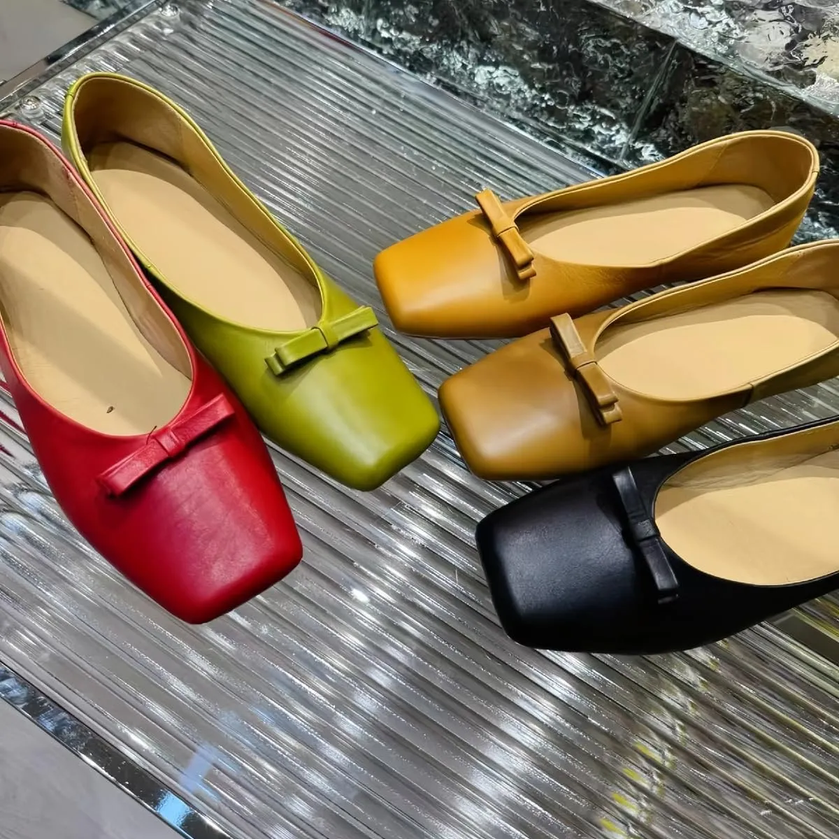 Women's Ballet Flats with Bow Genuine Leather Square Toe Slip-on Loafer Shoes for Women Wedding, Office Work or Daily Casual Comfort Subtle Sexiness