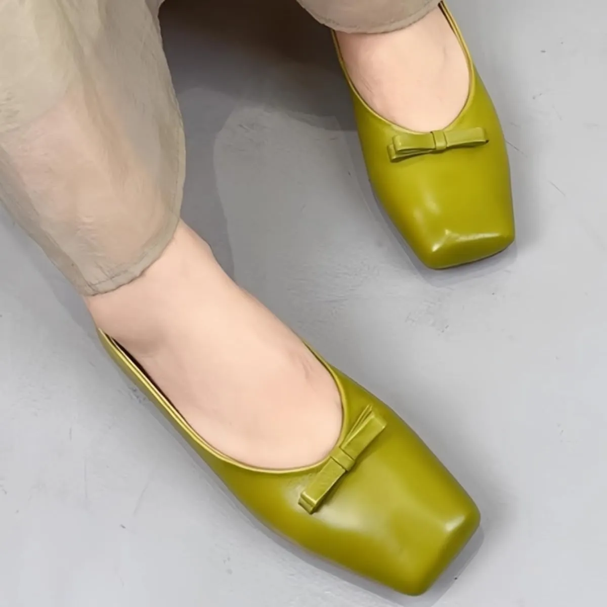 Women's Ballet Flats with Bow Genuine Leather Square Toe Slip-on Loafer Shoes for Women Wedding, Office Work or Daily Casual Comfort Subtle Sexiness