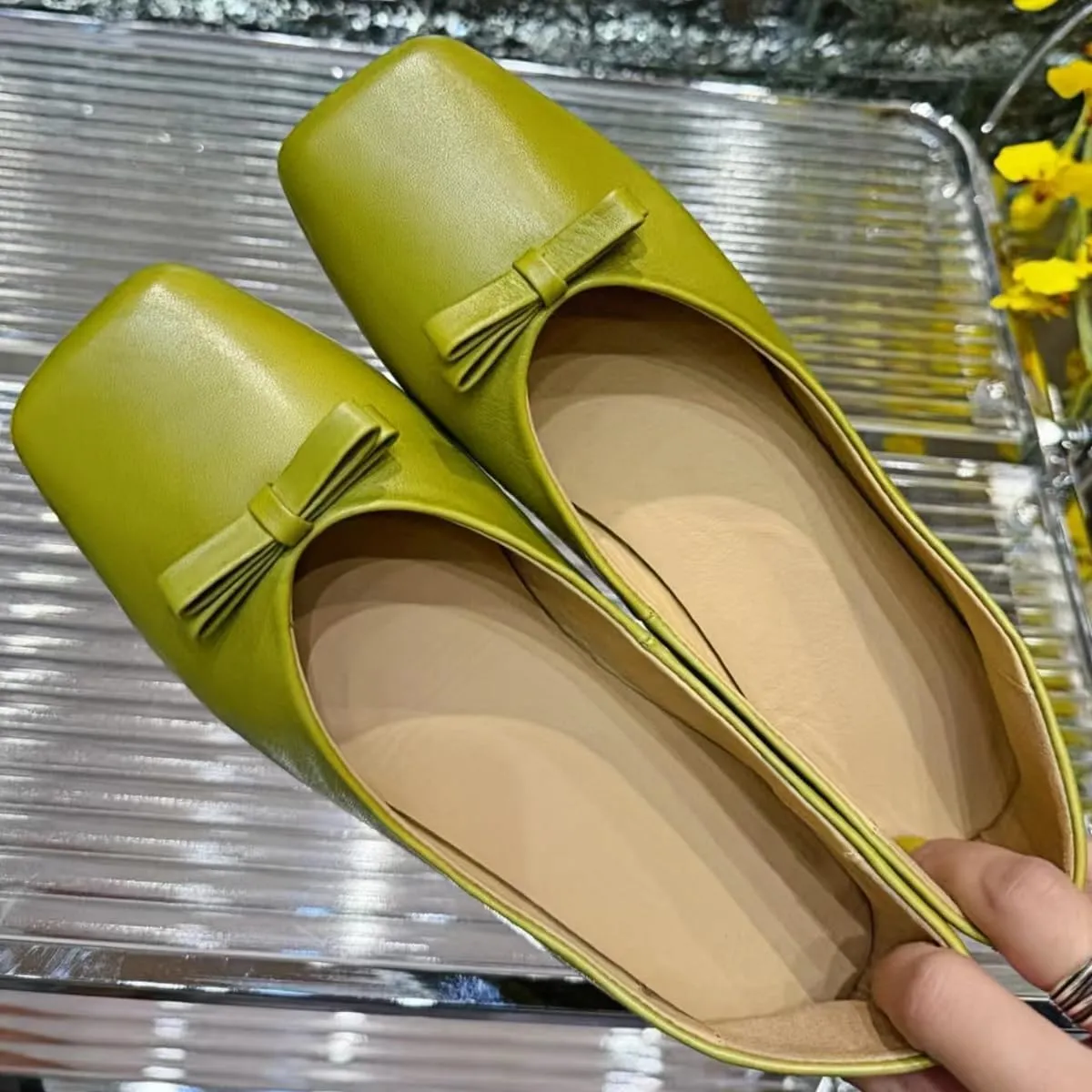 Women's Ballet Flats with Bow Genuine Leather Square Toe Slip-on Loafer Shoes for Women Wedding, Office Work or Daily Casual Comfort Subtle Sexiness