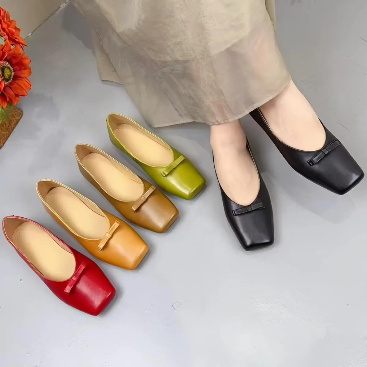 Women's Ballet Flats with Bow Genuine Leather Square Toe Slip-on Loafer Shoes for Women Wedding, Office Work or Daily Casual Comfort Subtle Sexiness