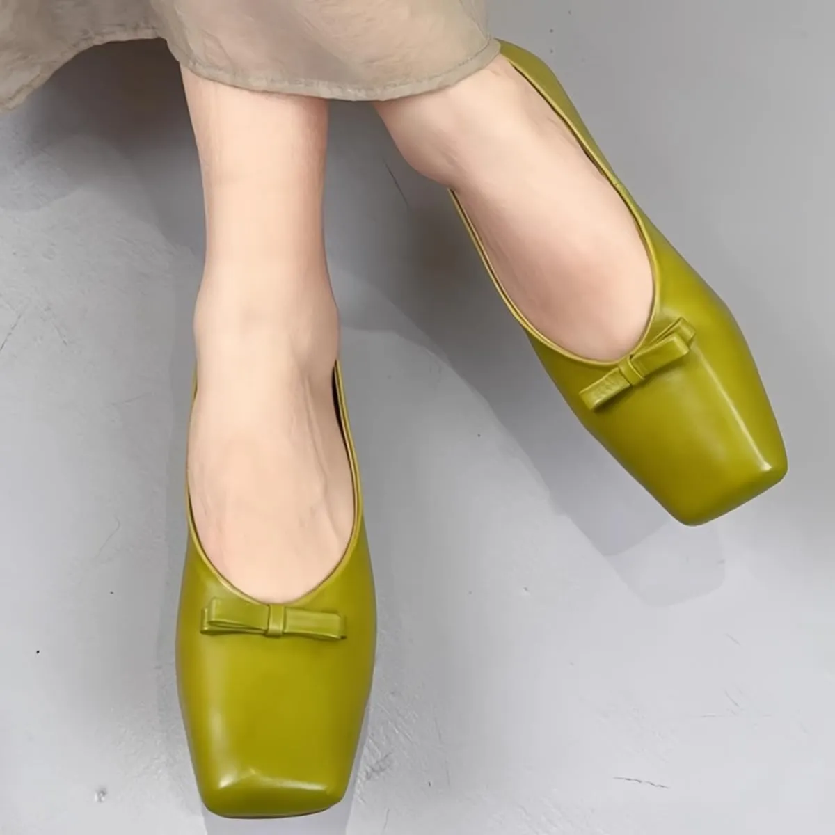 Women's Ballet Flats with Bow Genuine Leather Square Toe Slip-on Loafer Shoes for Women Wedding, Office Work or Daily Casual Comfort Subtle Sexiness