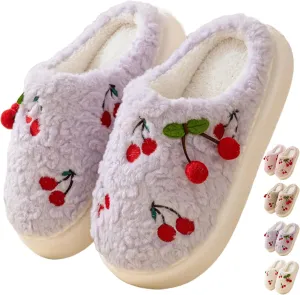 Women's Cherry Slippers Cozy Winter Warm Fuzzy Slippers with Non-Slip Sole Cute Indoor Home Slip On Plush Bedroom House Shoes Gifts