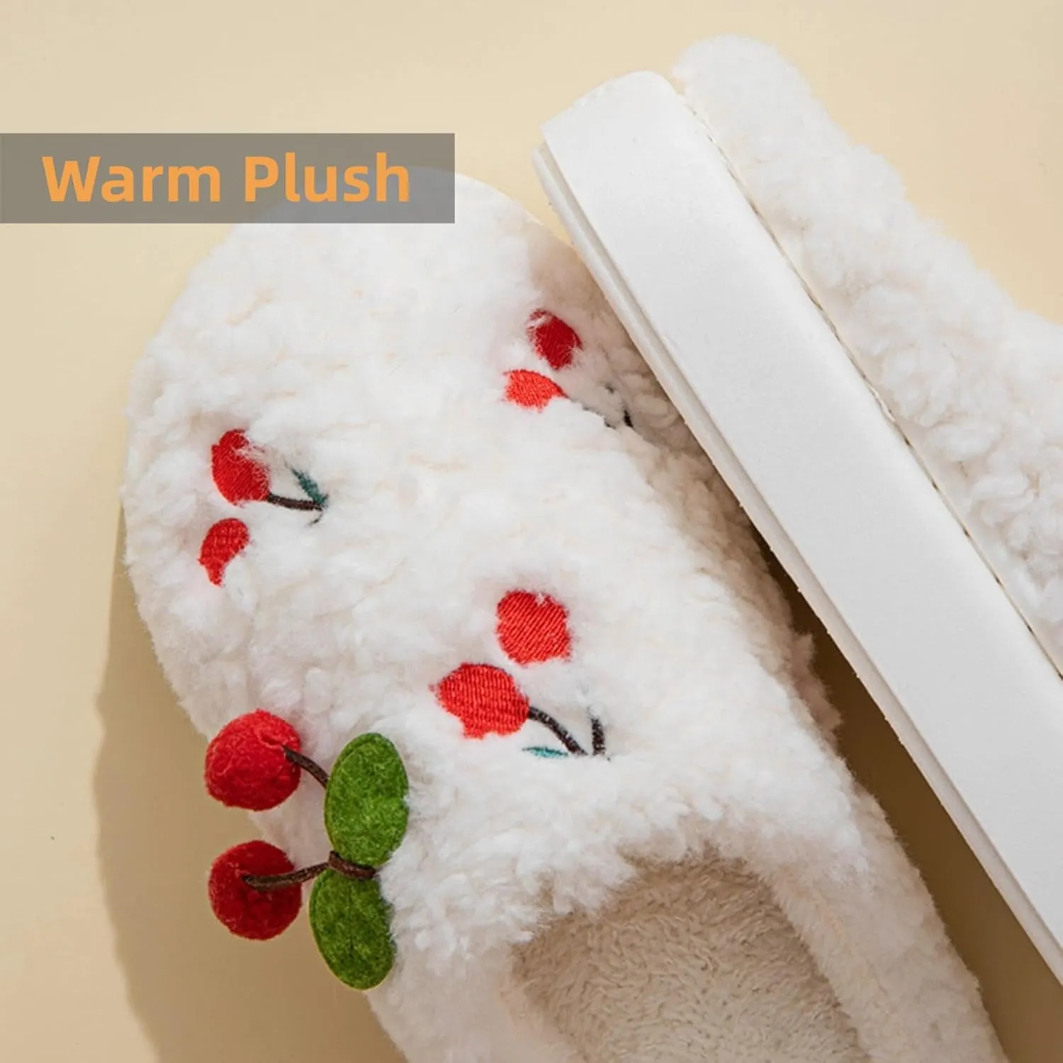 Women's Cherry Slippers Cozy Winter Warm Fuzzy Slippers with Non-Slip Sole Cute Indoor Home Slip On Plush Bedroom House Shoes Gifts