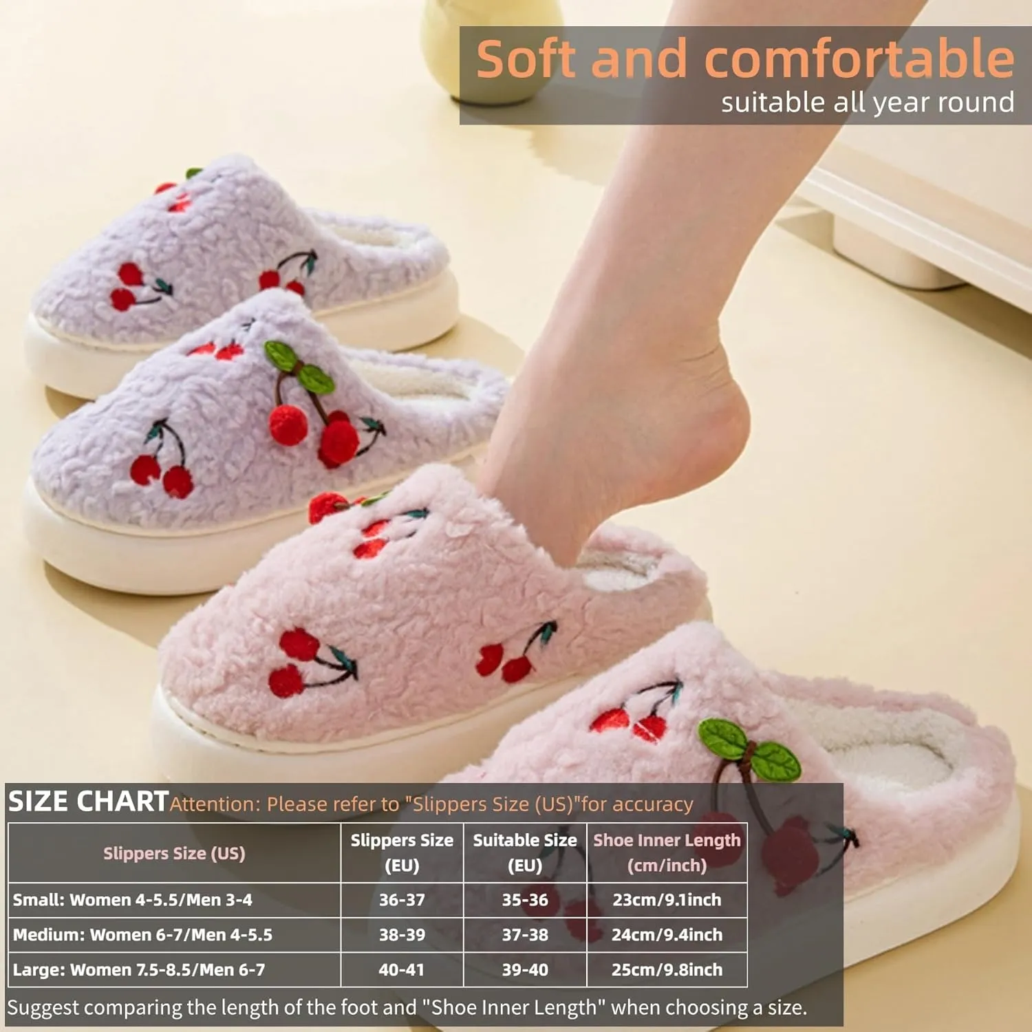 Women's Cherry Slippers Cozy Winter Warm Fuzzy Slippers with Non-Slip Sole Cute Indoor Home Slip On Plush Bedroom House Shoes Gifts