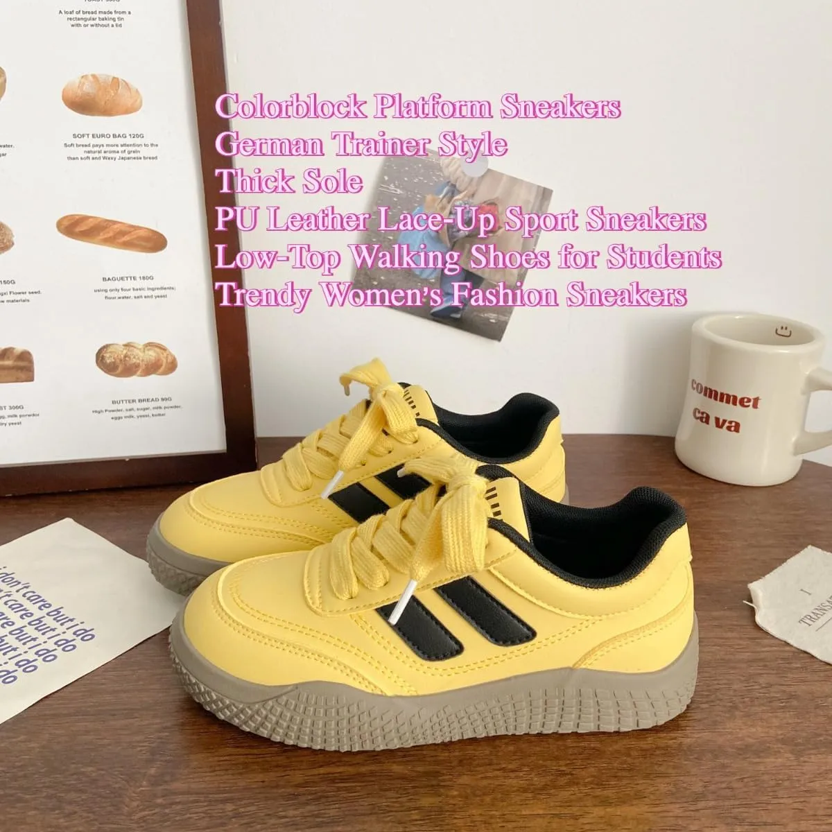Women’s Colorblock Platform German Trainer Sneakers – Thick Sole Lace-Up Casual White Shoes, Low-Top PU Leather Sport Style for Students