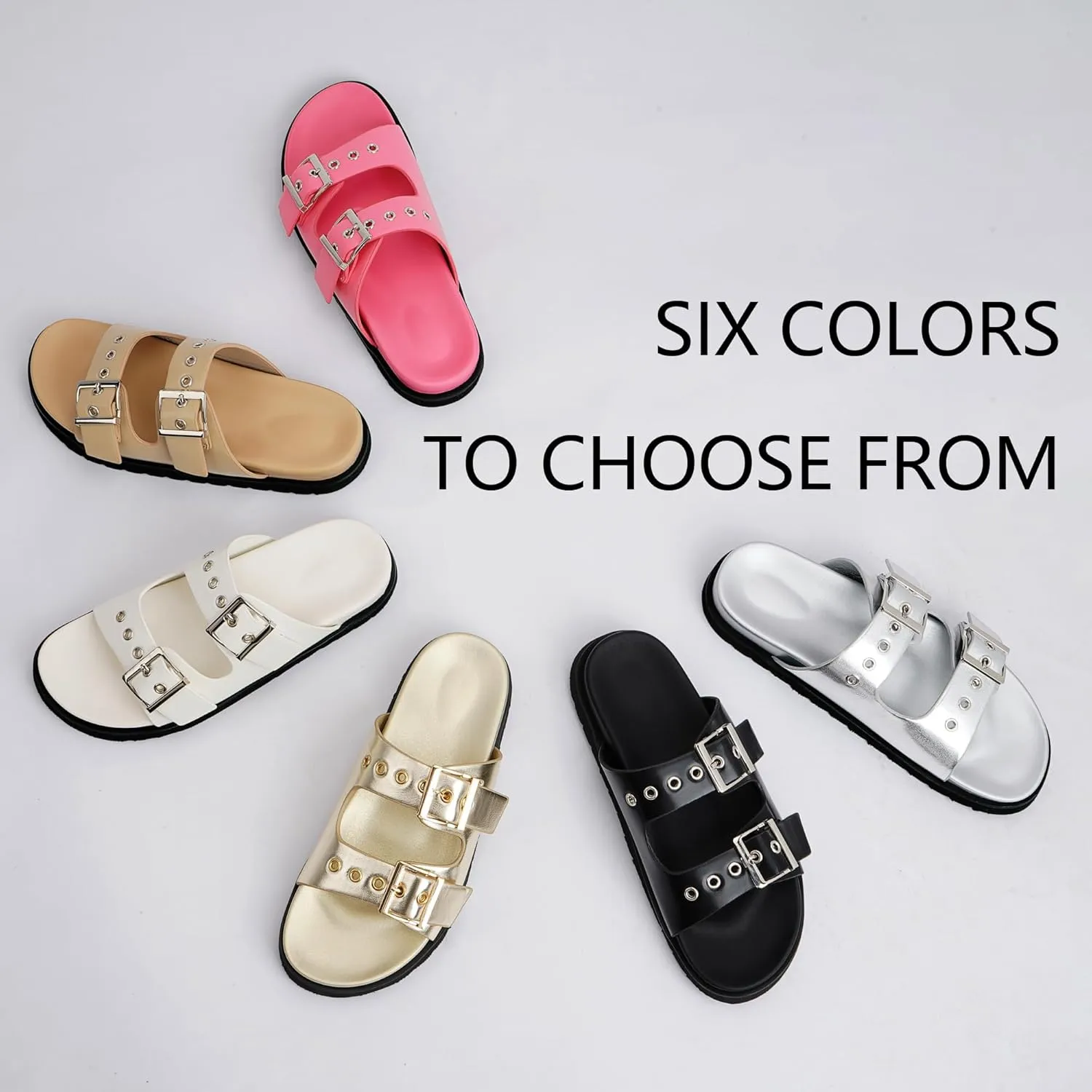 Womens Flat Slide Sandals Double Buckle Adjustable Flat Sandals Slip On Platform Sandals Open Toe Summer Sandals