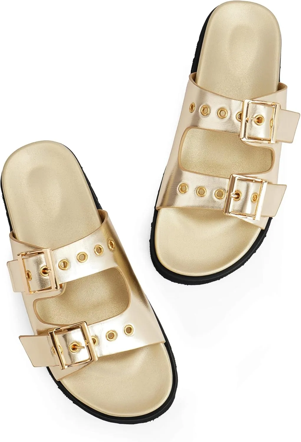 Womens Flat Slide Sandals Double Buckle Adjustable Flat Sandals Slip On Platform Sandals Open Toe Summer Sandals