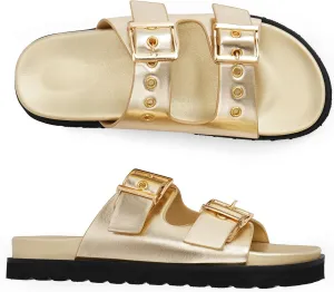 Womens Flat Slide Sandals Double Buckle Adjustable Flat Sandals Slip On Platform Sandals Open Toe Summer Sandals