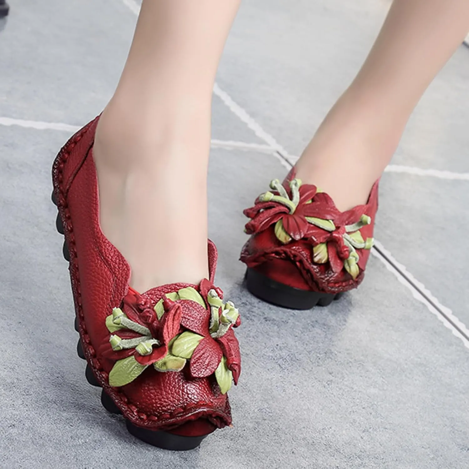 Women's Leather Slip On Loafers,Vintage Handmade Flower Comfy Soft Non-Slip Muffin Platform Walking Casual Dress Pumps