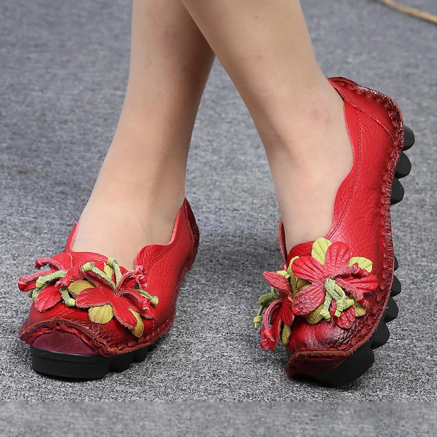 Women's Leather Slip On Loafers,Vintage Handmade Flower Comfy Soft Non-Slip Muffin Platform Walking Casual Dress Pumps