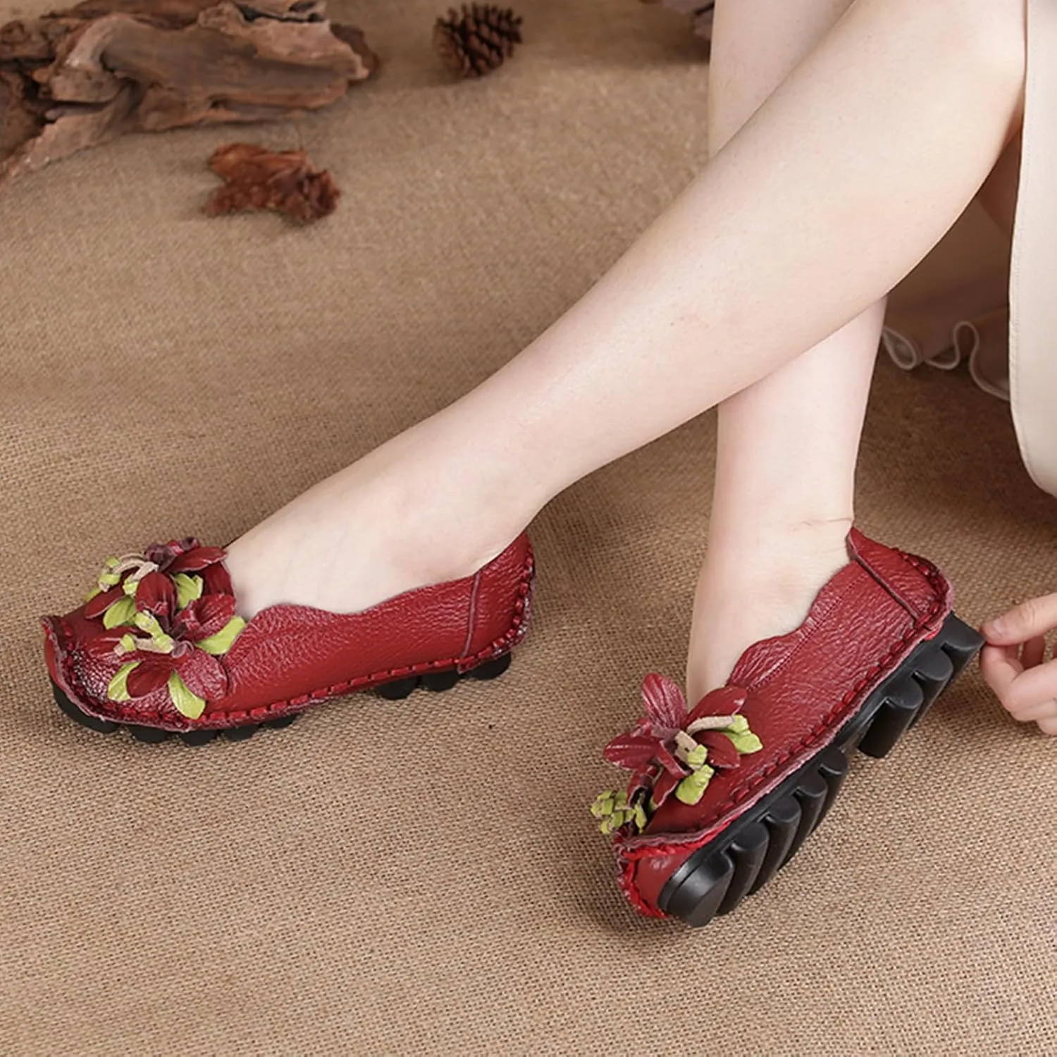 Women's Leather Slip On Loafers,Vintage Handmade Flower Comfy Soft Non-Slip Muffin Platform Walking Casual Dress Pumps