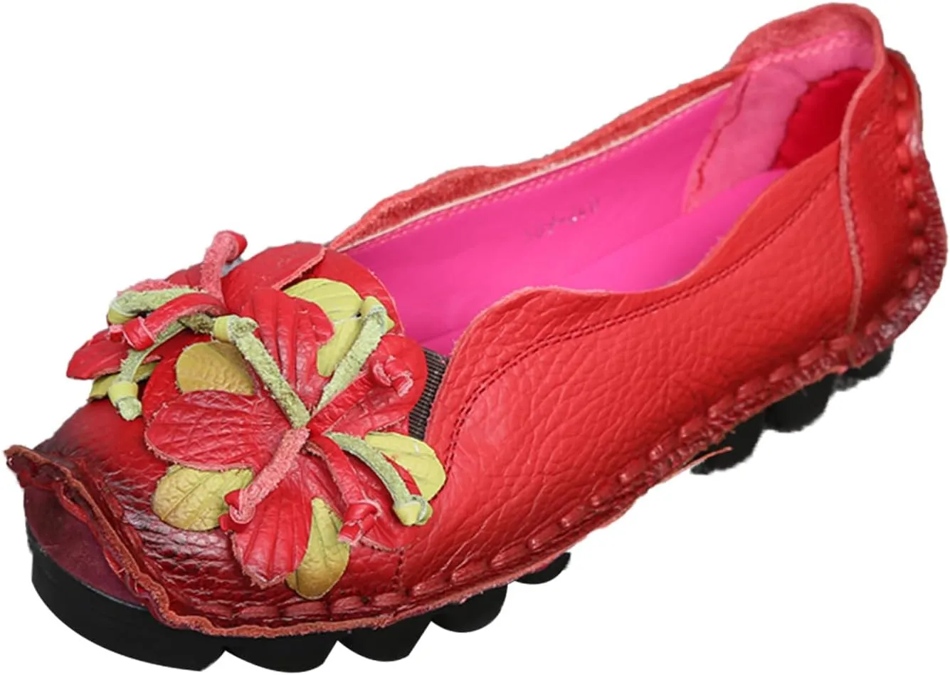 Women's Leather Slip On Loafers,Vintage Handmade Flower Comfy Soft Non-Slip Muffin Platform Walking Casual Dress Pumps