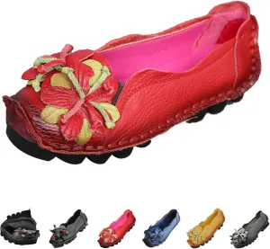 Women's Leather Slip On Loafers,Vintage Handmade Flower Comfy Soft Non-Slip Muffin Platform Walking Casual Dress Pumps