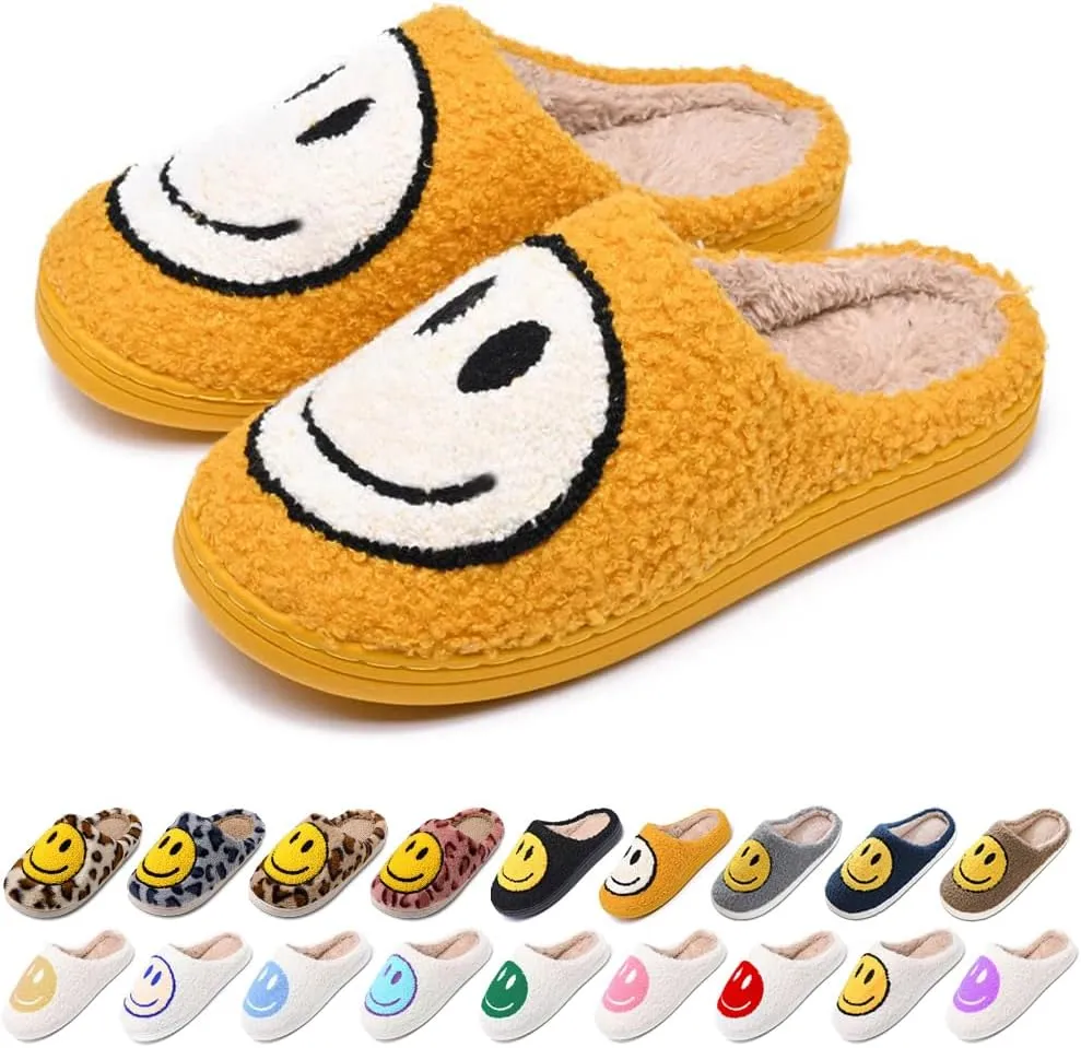 Women's Men's Retro Preppy Happy Face Slippers Comfy Warm Plush Slip-On House Slipper for Winter Indoor Soft Cushion Non-slip Fluffy Slides Slippers
