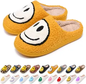 Women's Men's Retro Preppy Happy Face Slippers Comfy Warm Plush Slip-On House Slipper for Winter Indoor Soft Cushion Non-slip Fluffy Slides Slippers